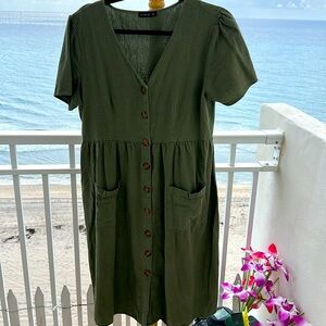 Green Midi Sundress button down V-Neck dress